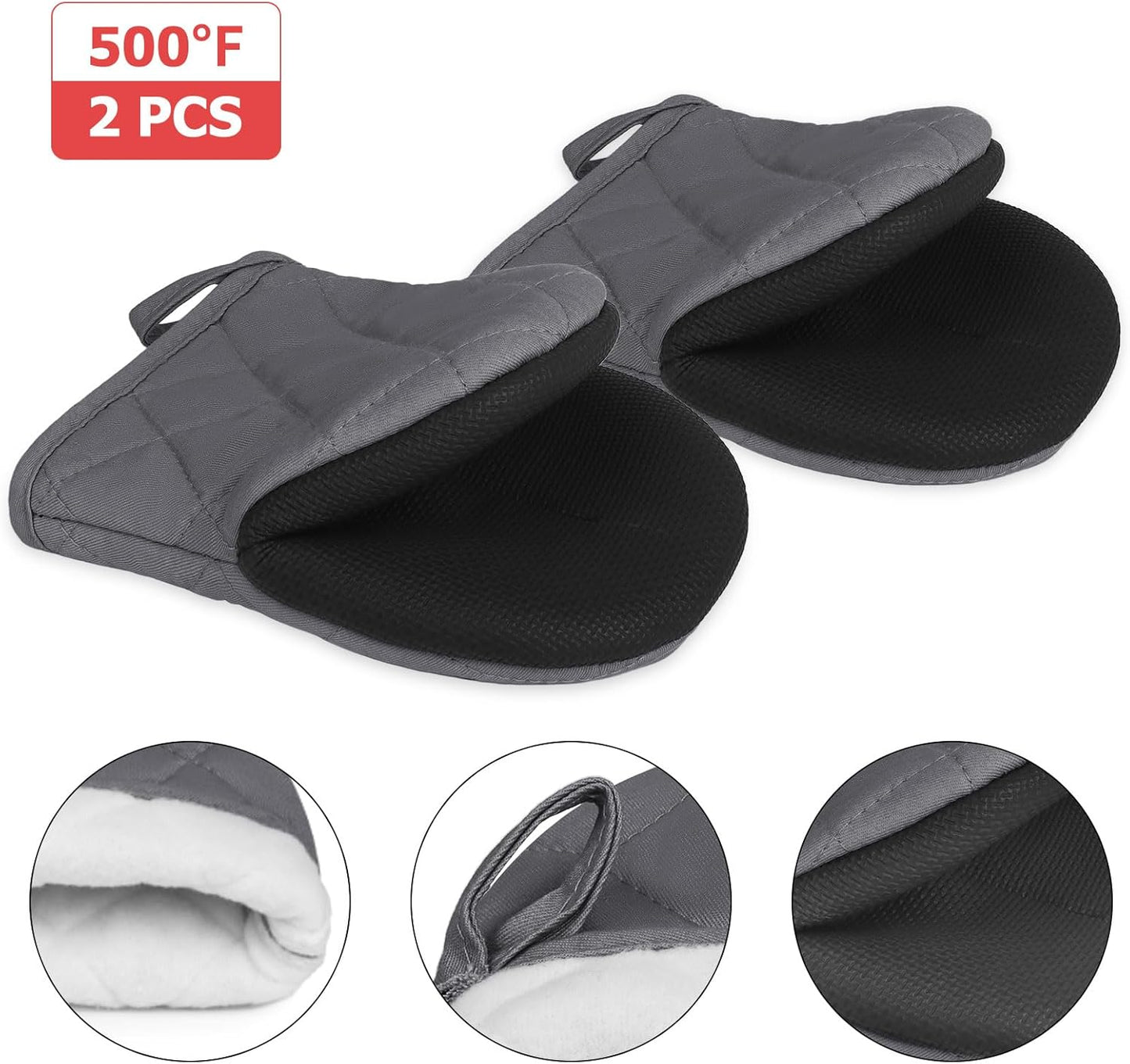 Heat Resistant Silicone Short Oven Mitts - 1 Pair for 500 Degrees - Non-Slip Grip, Hanging Loop, Machine Washable - Baking, Grilling, Barbecue