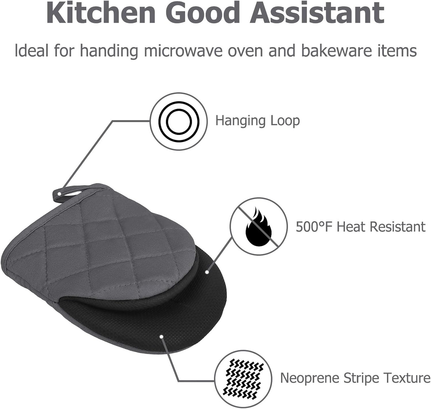 Heat Resistant Silicone Short Oven Mitts - 1 Pair for 500 Degrees - Non-Slip Grip, Hanging Loop, Machine Washable - Baking, Grilling, Barbecue
