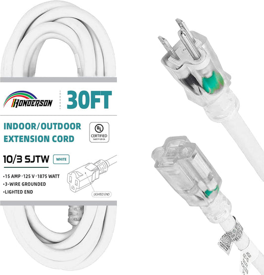 Heavy Duty 10 Gauge 30FT Weatherproof Extension Cord for Outdoor Lights, UL Listed Indoor Outdoor Power Cord with Lighted End - White 3 Prong 10/3 SJTW 15A Power Extension Cord by HONDERSON