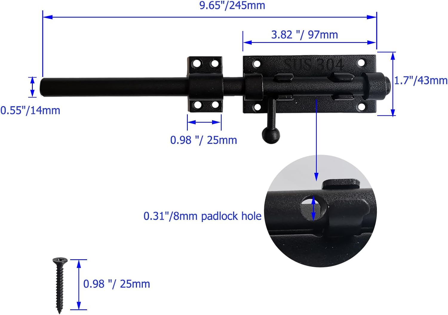 Heavy Duty 10 Inch Stainless Steel Barrel Bolt Latch with Padlock Hole for Wooden Fence and Door - Black
