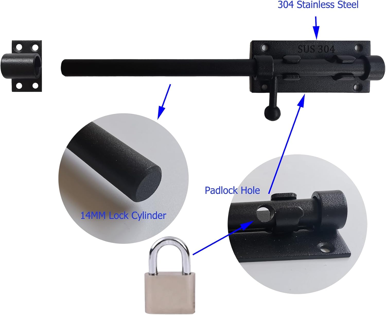 Heavy Duty 10 Inch Stainless Steel Barrel Bolt Latch with Padlock Hole for Wooden Fence and Door - Black