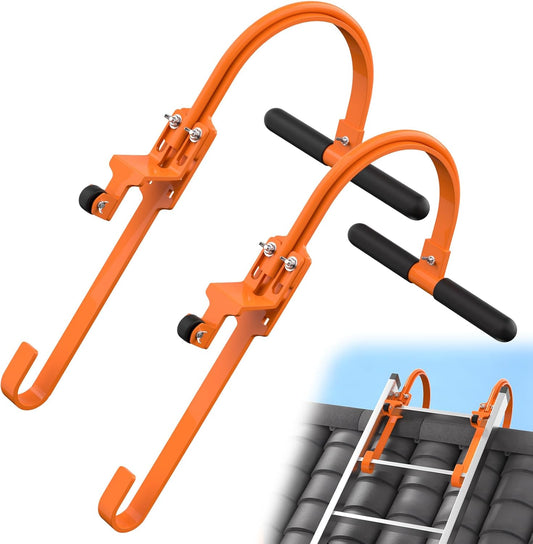 Heavy Duty 2 Pack Ladder Hooks for Roof Ridge with Wheel - Rubber Grip T-Bar, Load-Bearing Steel Bars Extension Ladder Stabilizer - 500 lbs Weight Capacity