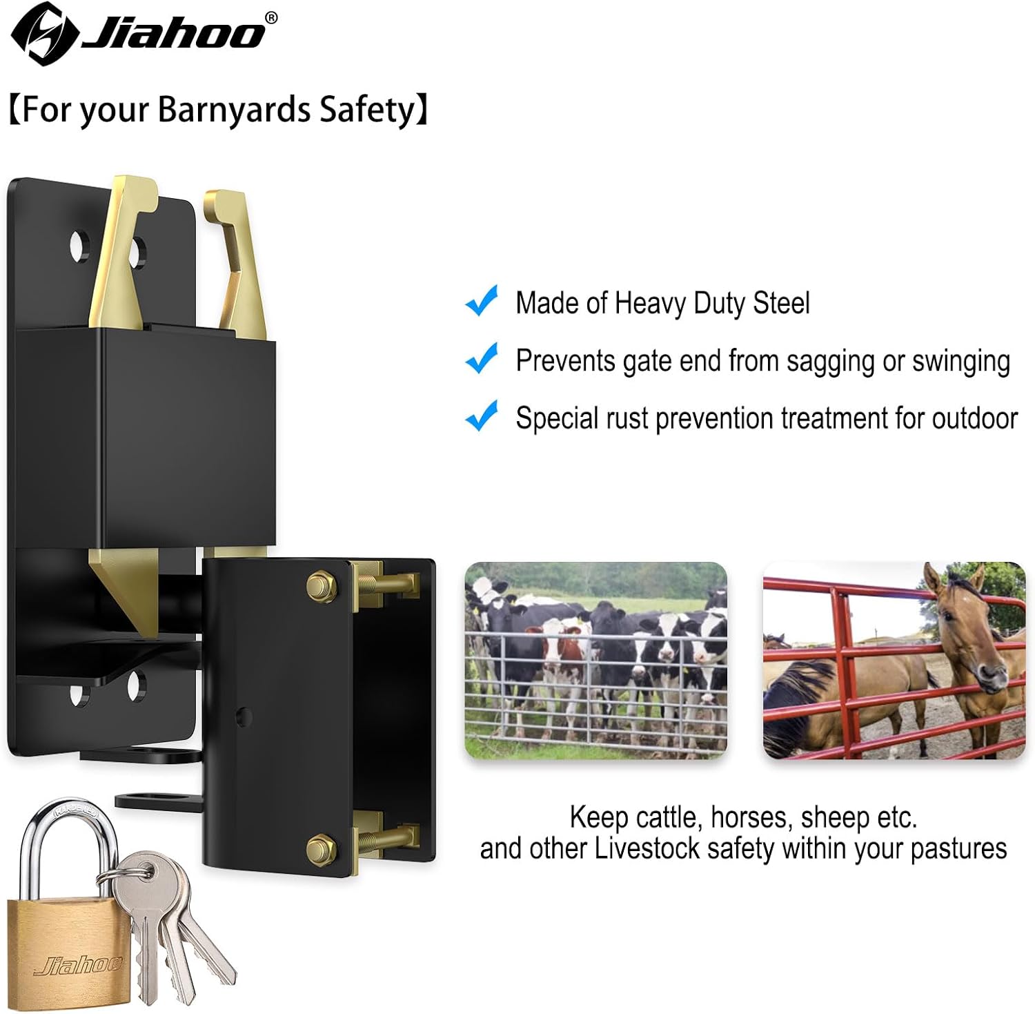 Heavy Duty 2-Way Farm Gate Latch for Metal Tube Gates - Livestock Hardware with Brass Padlock