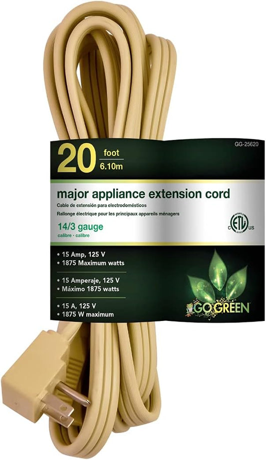 Heavy Duty 20ft Beige Appliance Cord - 14/3 SPT-3, Grounded Plug, Kink-Free - Ideal for Large Indoor Appliances by GoGreen Power Inc.