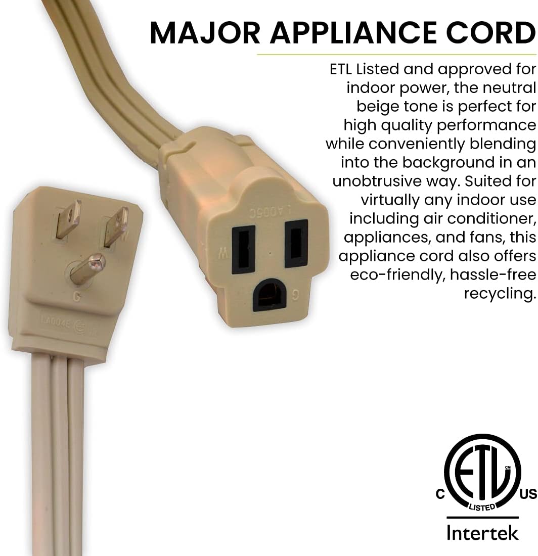 Heavy Duty 20ft Beige Appliance Cord - 14/3 SPT-3, Grounded Plug, Kink-Free - Ideal for Large Indoor Appliances by GoGreen Power Inc.