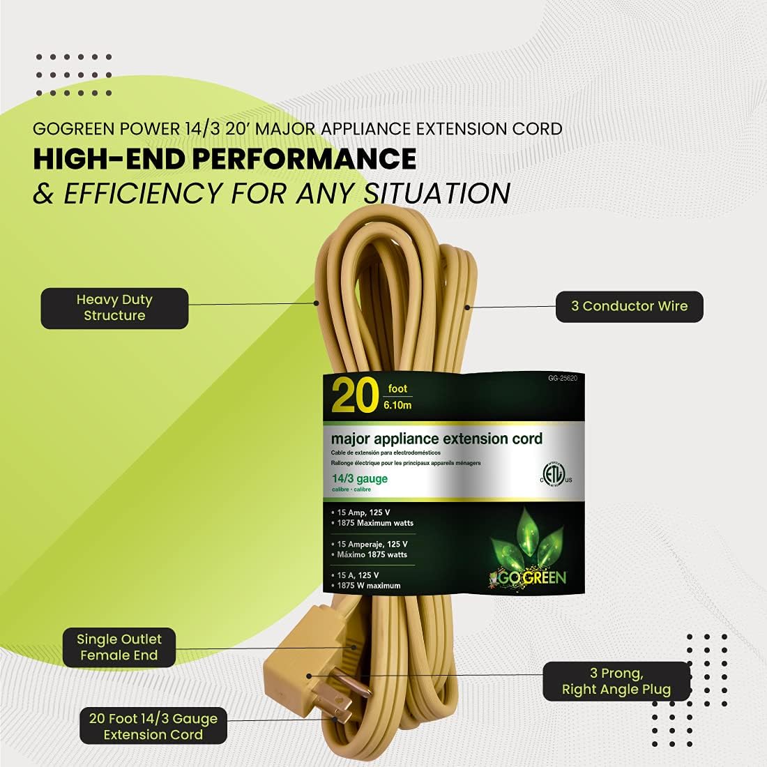 Heavy Duty 20ft Beige Appliance Cord - 14/3 SPT-3, Grounded Plug, Kink-Free - Ideal for Large Indoor Appliances by GoGreen Power Inc.