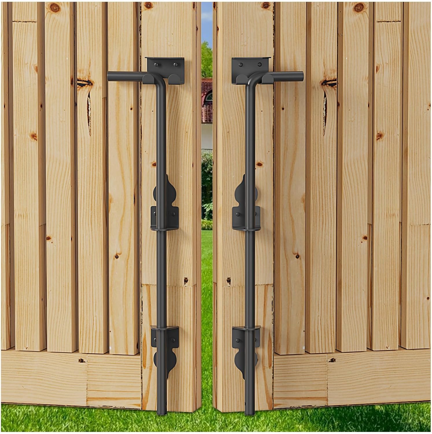 Heavy Duty 24 Inch Double Gate Latch for Wooden Fences - Cane Bolt Drop Rod for Metal Gates - Wrought Iron Latches 2 Pack