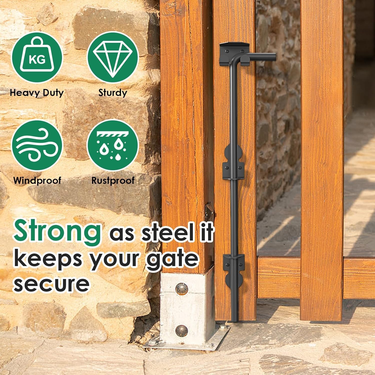 Heavy Duty 24 Inch Double Gate Latch for Wooden Fences - Cane Bolt Drop Rod for Metal Gates - Wrought Iron Latches 2 Pack