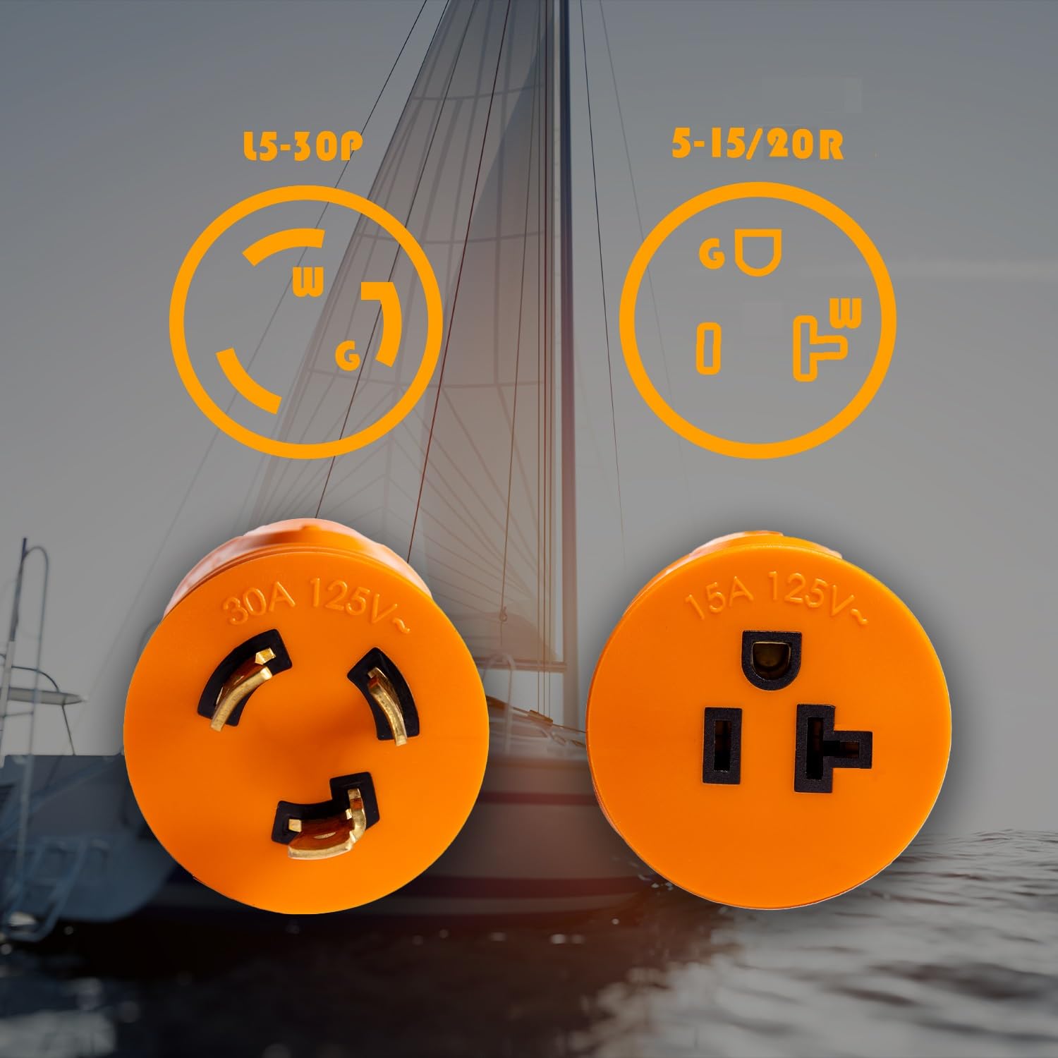 Heavy Duty 30 Amp Shore Power Adapter with NEMA L5-30P to 5-15R & 5-20R Household Inlet, LED Indicator, 10AWG Cable