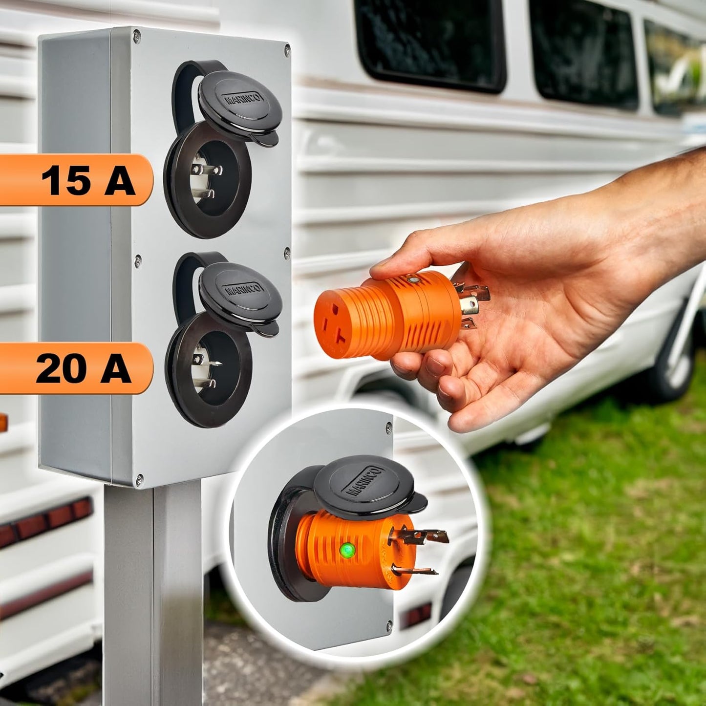 Heavy Duty 30 Amp Shore Power Adapter with NEMA L5-30P to 5-15R & 5-20R Household Inlet, LED Indicator, 10AWG Cable