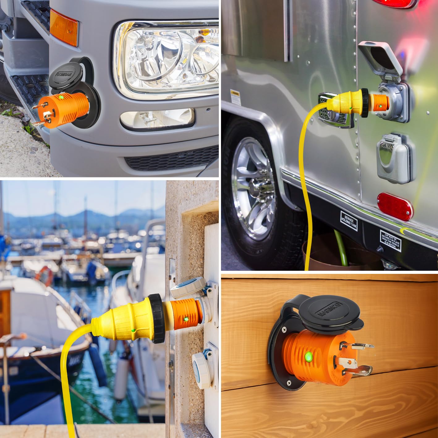 Heavy Duty 30 Amp Shore Power Adapter with NEMA L5-30P to 5-15R & 5-20R Household Inlet, LED Indicator, 10AWG Cable