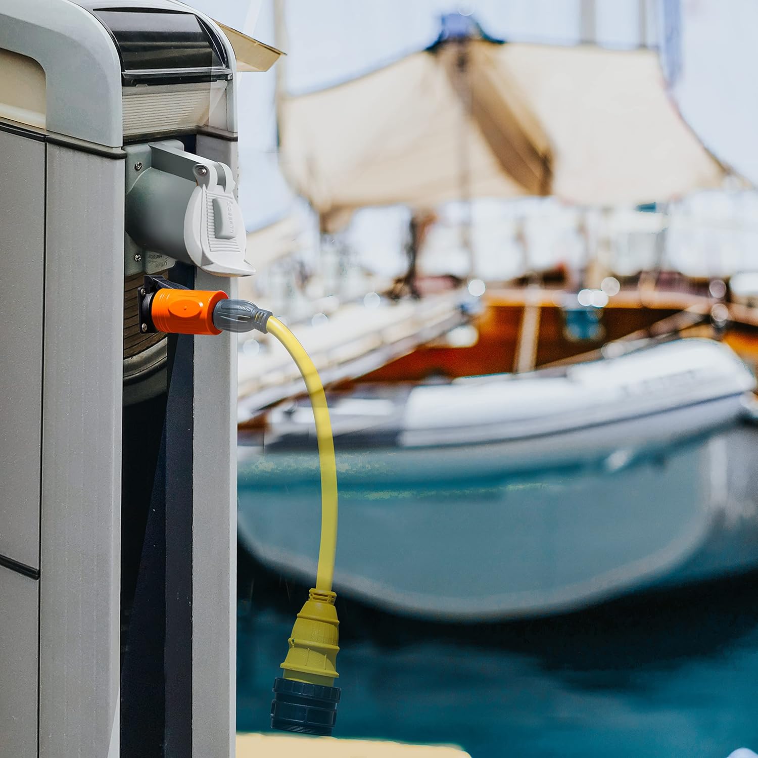 Heavy Duty 30 Amp Shore Power Adapter with NEMA L5-30P to 5-15R & 5-20R Household Inlet, LED Indicator, 10AWG Cable