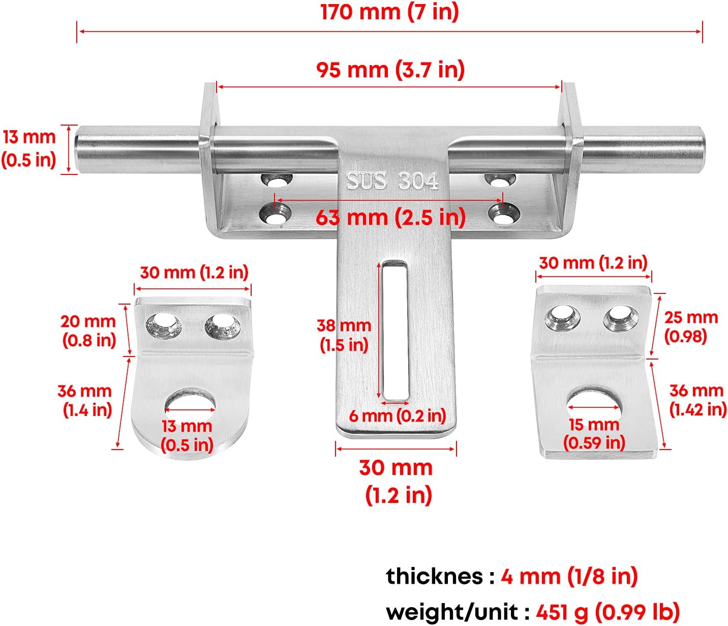 Heavy Duty 304 Stainless Steel Sliding Bolt Latch for Garden Shed, Garage Door, Barn Door - 1.1 lb, 7 inch Solid Gate Latch with Padlock Hole - 2 Pack