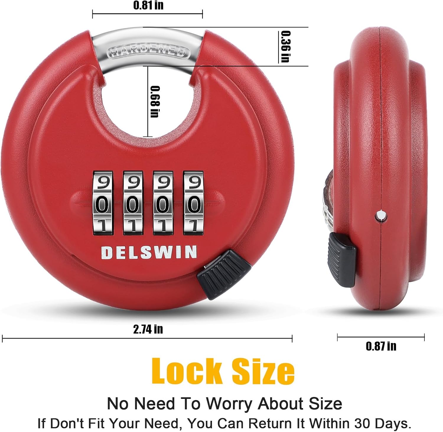 Heavy Duty 4-Digit Outdoor Combination Disc Padlock with Hardened Shackle for Gate, Storage Unit & Fence - Red, 1 Piece - WildKart