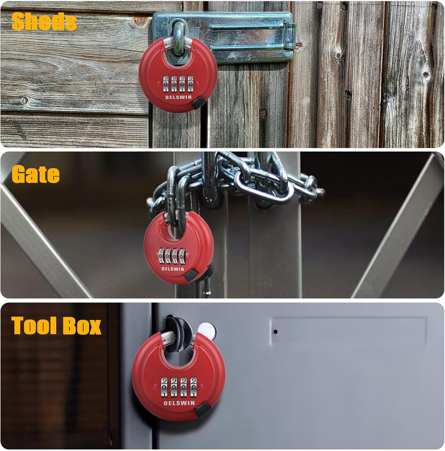 Heavy Duty 4-Digit Outdoor Combination Disc Padlock with Hardened Shackle for Gate, Storage Unit & Fence - Red, 1 Piece - WildKart