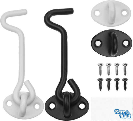 Heavy Duty 4-Inch Hook and Eye Latch with Mounting Screws for Doors, Gates, Barns - Powder Coated Anti-Rust Material - Security and Privacy Locks