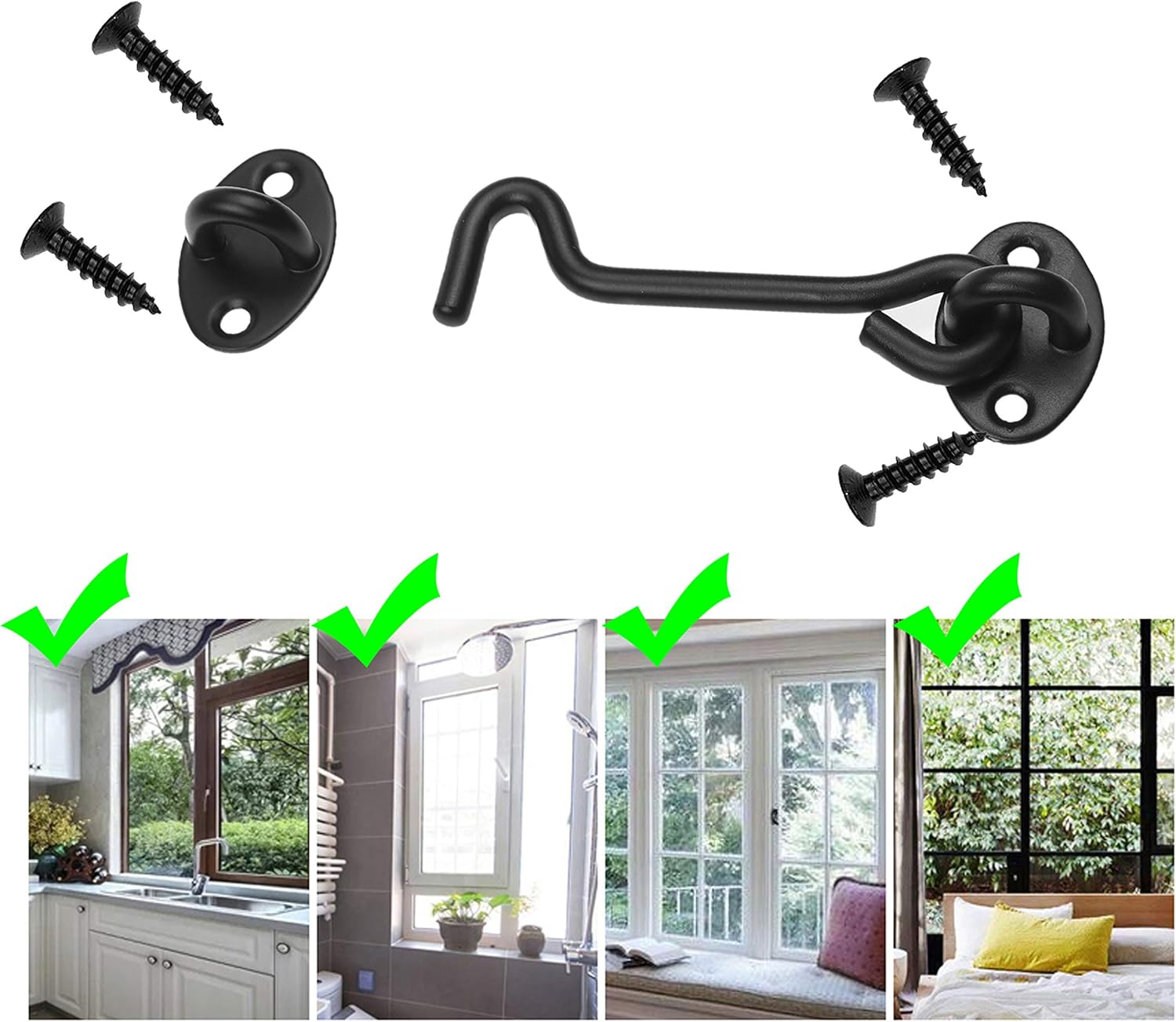 Heavy Duty 4-Inch Hook and Eye Latch with Mounting Screws for Doors, Gates, Barns - Powder Coated Anti-Rust Material - Security and Privacy Locks