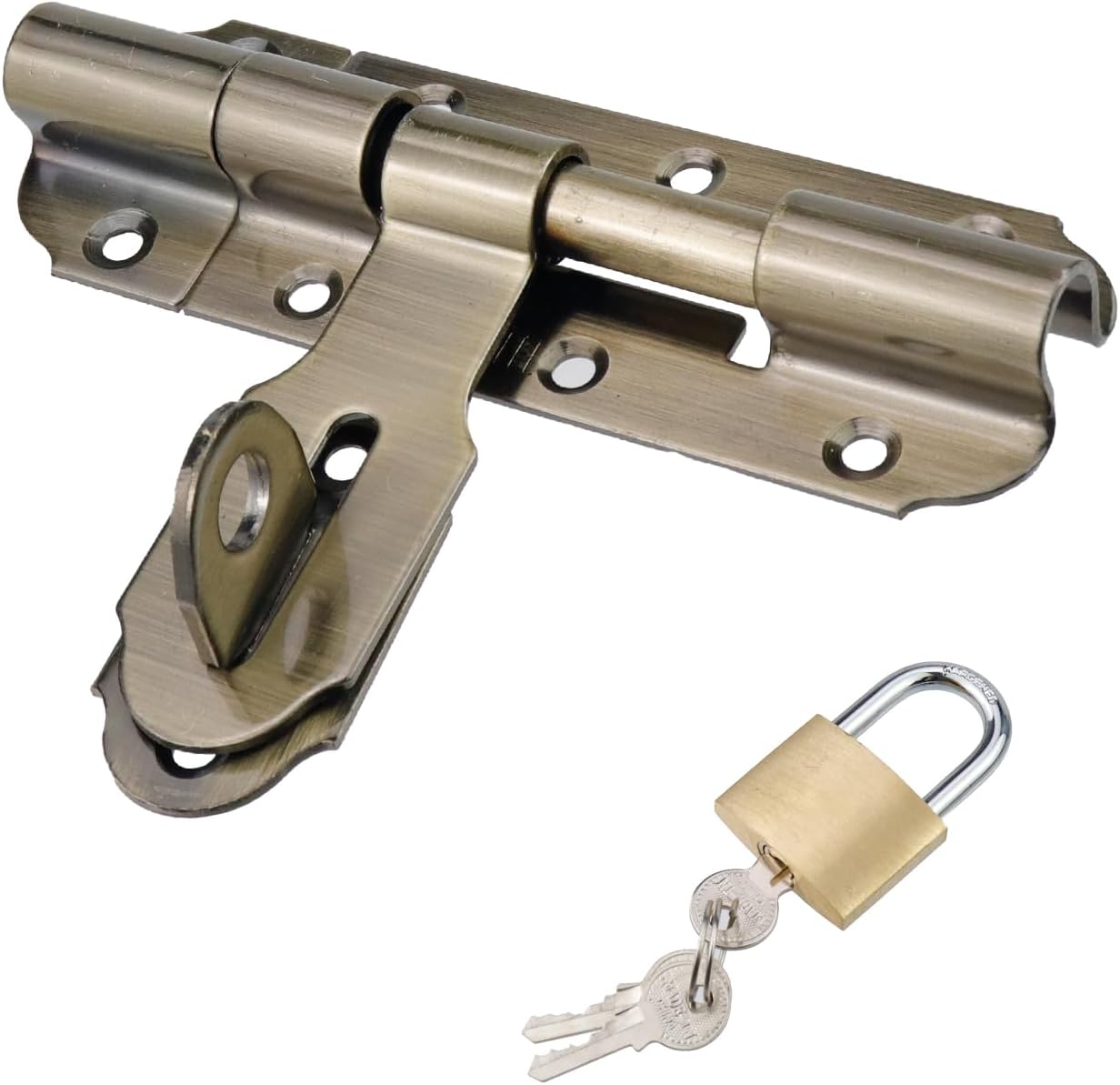 Heavy Duty 4 Inch Sliding Door Latch with Padlock for Outdoor Fence Shed - Bronze Gate Lock Bolt - Gate Hardware Kit