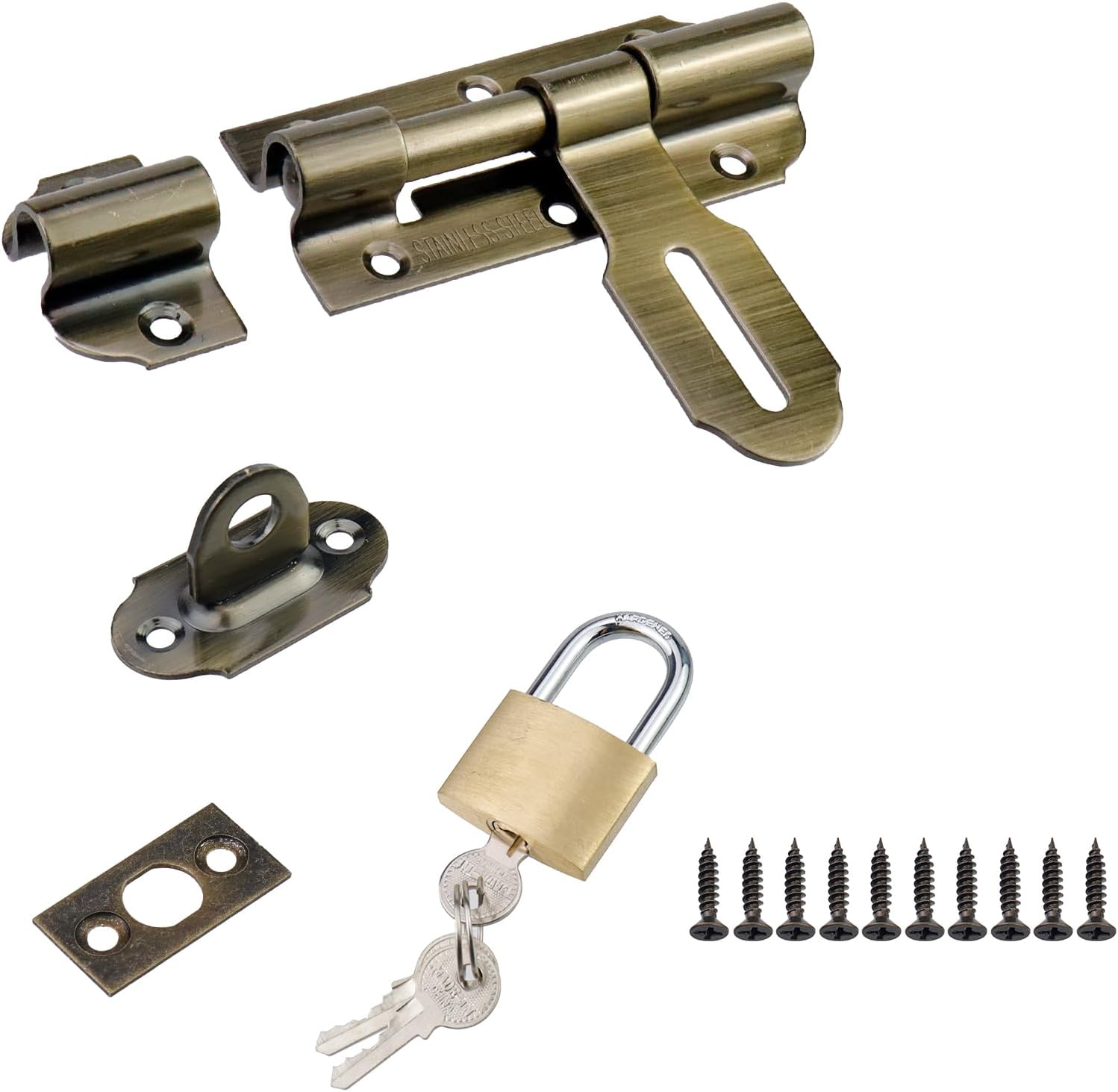 Heavy Duty 4 Inch Sliding Door Latch with Padlock for Outdoor Fence Shed - Bronze Gate Lock Bolt - Gate Hardware Kit