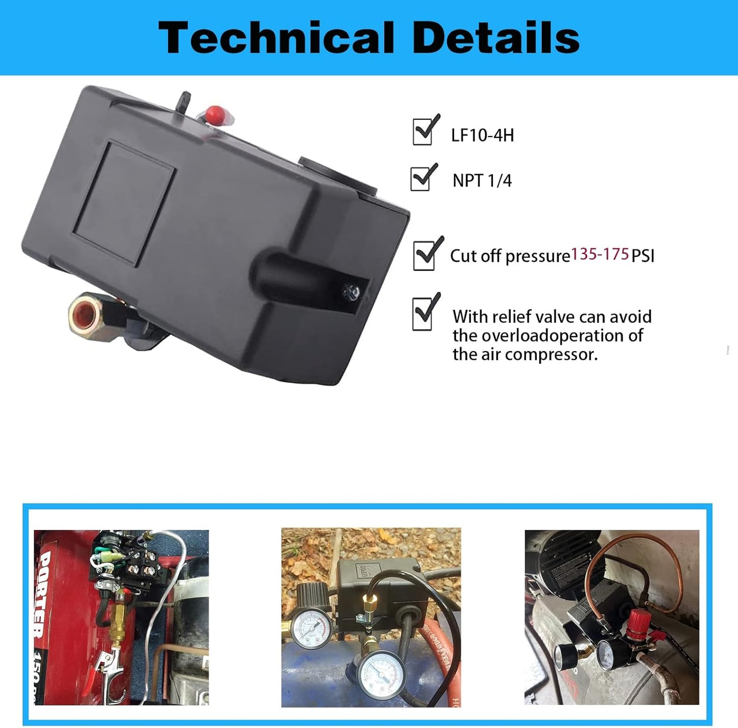 Heavy Duty 4 Port Air Compressor Pressure Switch 135-175 psi - 26 Amp, Durable