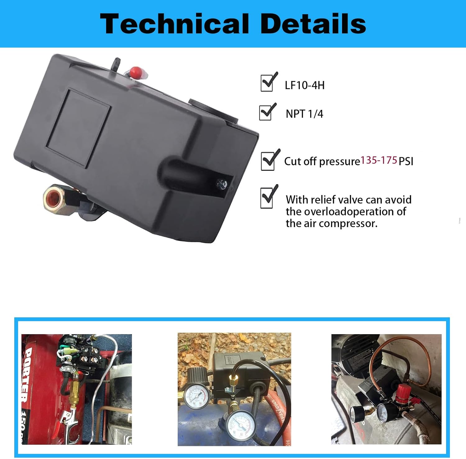 Heavy Duty 4 Port Air Compressor Pressure Switch 135-175 psi - 26 Amp, Durable
