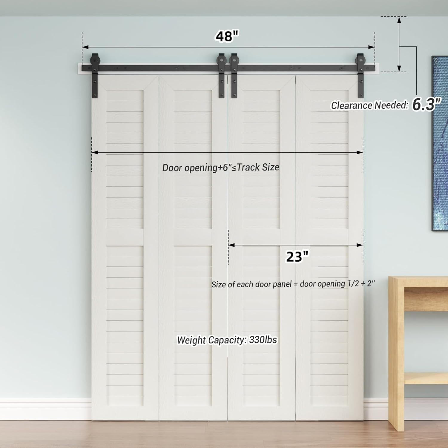 Heavy Duty 48" Bi-Folding Sliding Barn Door Hardware Kit for Four 11" Bifold Doors - Wall Mount Roller - LTIYITL
