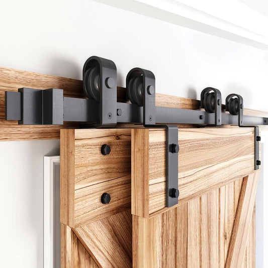 Heavy Duty 5FT Bypass Double Sliding Barn Door Hardware Kit - Smooth & Quiet Slide - Easy Installation - Single Track for Double 35" Wide Door - WildKart