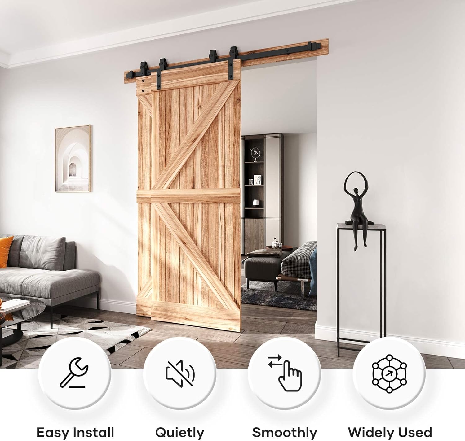 Heavy Duty 5FT Bypass Double Sliding Barn Door Hardware Kit - Smooth & Quiet Slide - Easy Installation - Single Track for Double 35" Wide Door - WildKart