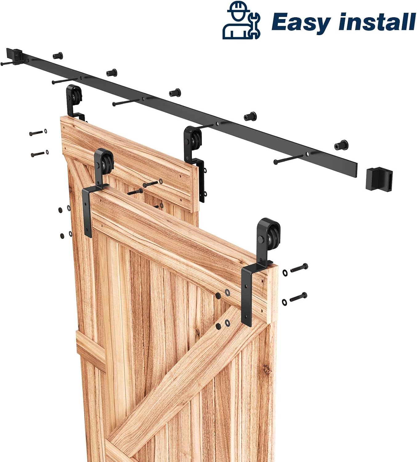 Heavy Duty 5FT Bypass Double Sliding Barn Door Hardware Kit - Smooth & Quiet Slide - Easy Installation - Single Track for Double 35" Wide Door - WildKart