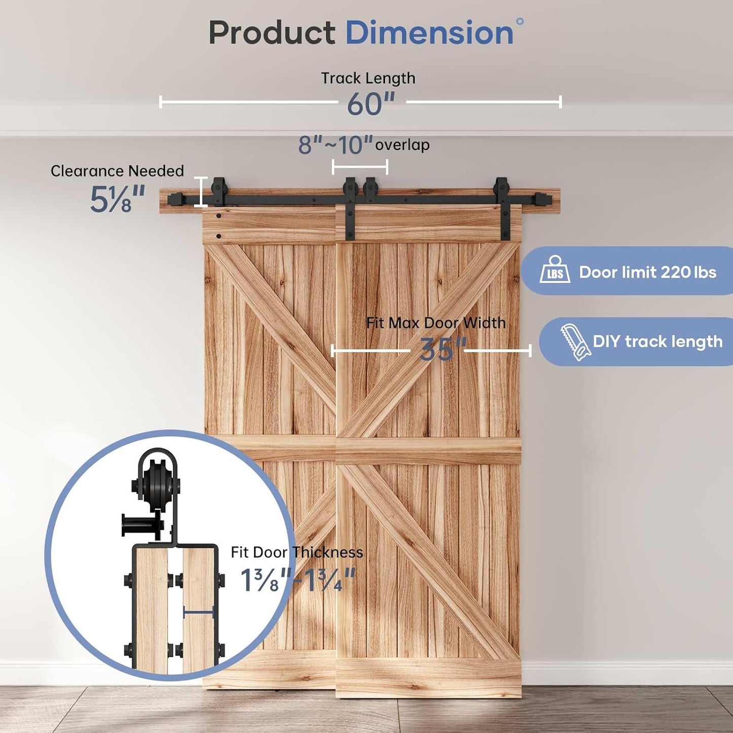 Heavy Duty 5FT Bypass Double Sliding Barn Door Hardware Kit - Smooth & Quiet Slide - Easy Installation - Single Track for Double 35" Wide Door - WildKart
