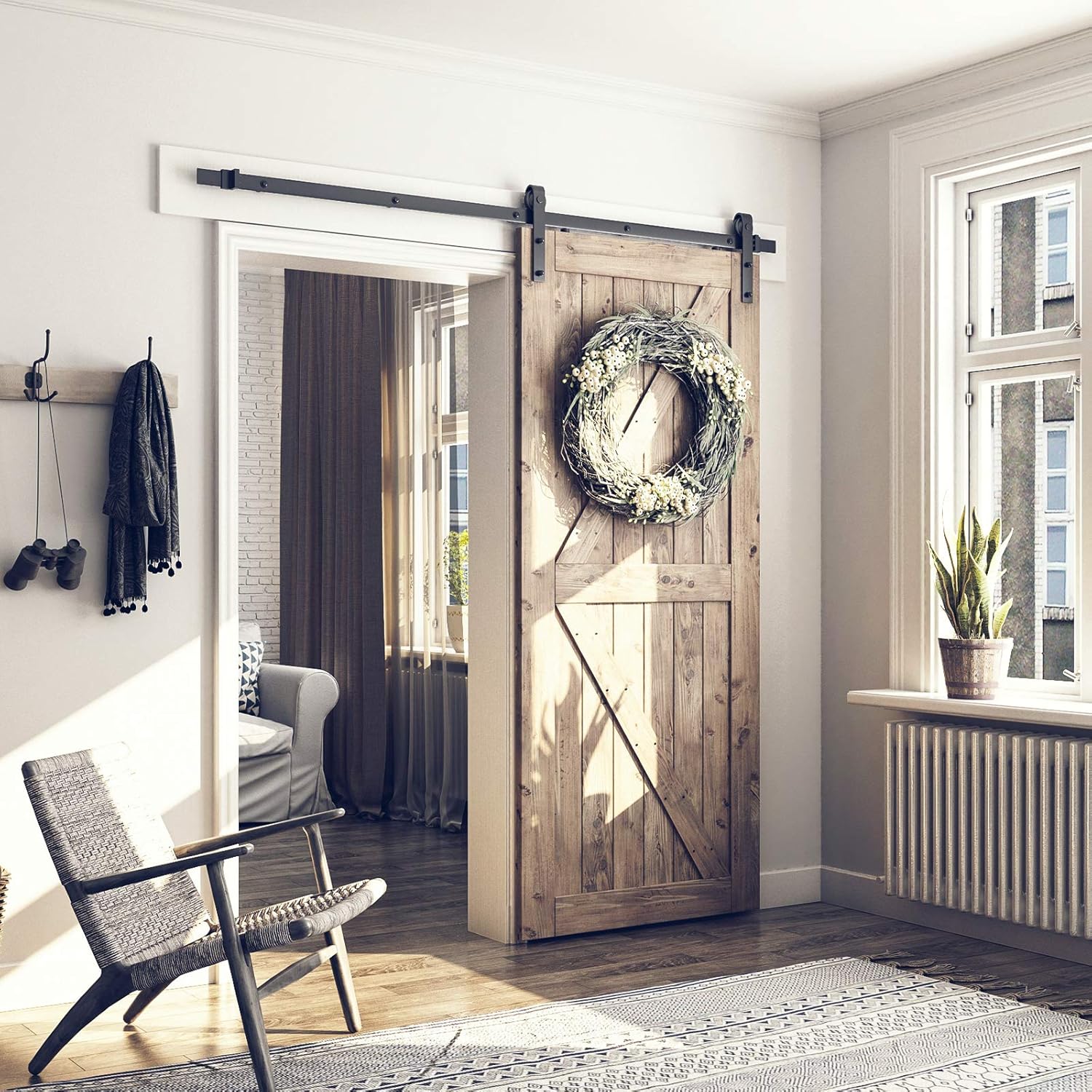 Heavy Duty 6.6 Ft Sliding Barn Door Hardware Kit - Smooth & Quiet - Easy to Install - Fits 40" Wide Door Panel - Step-by-Step Instructions (J Shape Hanger)