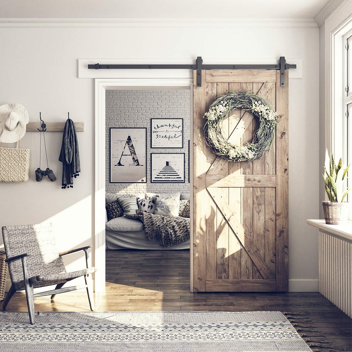 Heavy Duty 6.6 Ft Sliding Barn Door Hardware Kit - Smooth & Quiet - Easy to Install - Fits 40" Wide Door Panel - Step-by-Step Instructions (J Shape Hanger)