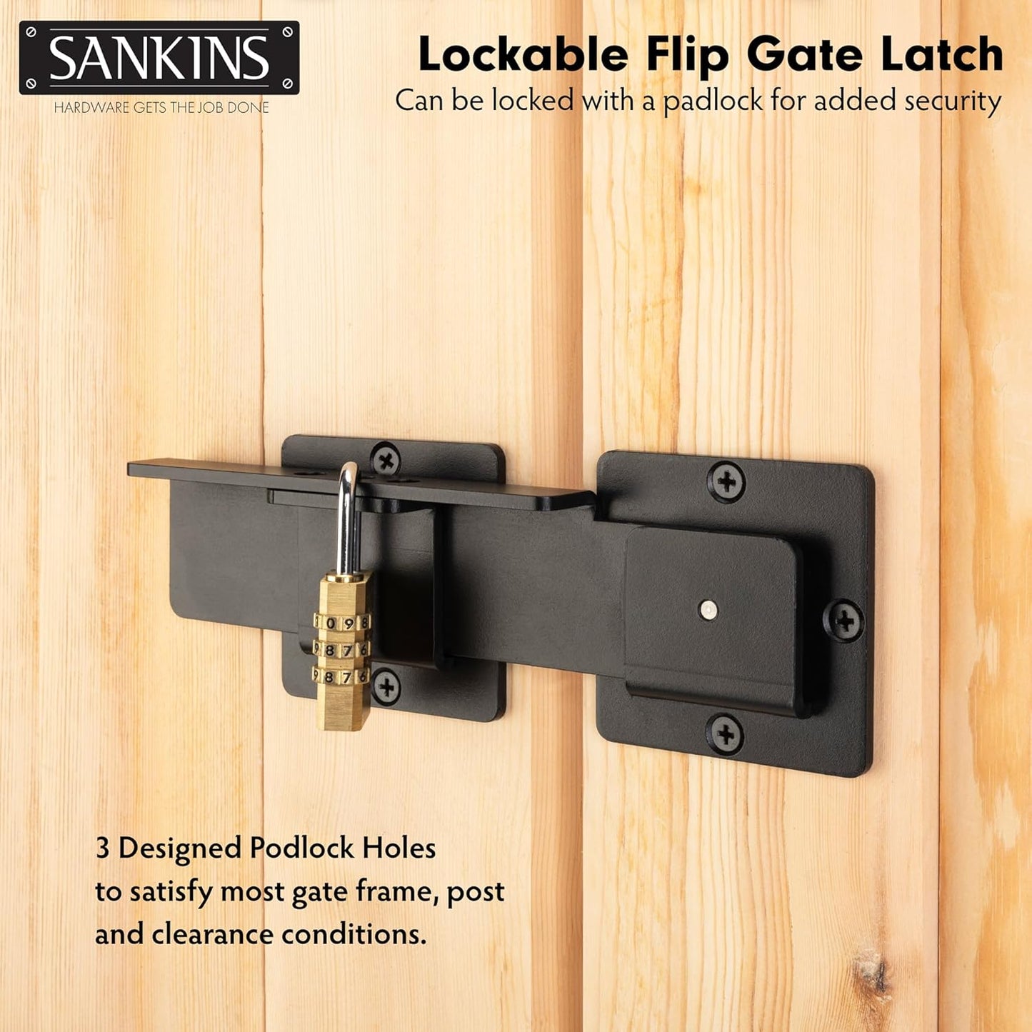 Heavy Duty 7-1/2" Flip Gate Latch with Padlock Hole - Adjustable Safety Door Latch for Wooden Fence, Barn Door, Shed - Black
