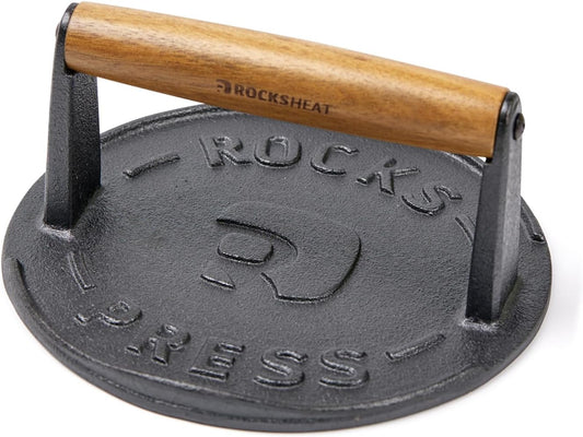 Heavy Duty 7 Inch Cast Iron Bacon Press for Smash Burgers with Wood Handle & Raised Edge - Ideal for Grilling Steak and Paninis