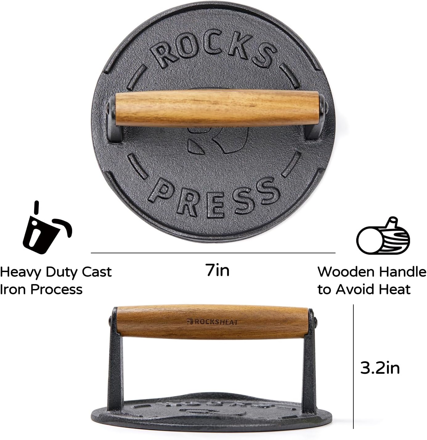 Heavy Duty 7 Inch Cast Iron Bacon Press for Smash Burgers with Wood Handle & Raised Edge - Ideal for Grilling Steak and Paninis