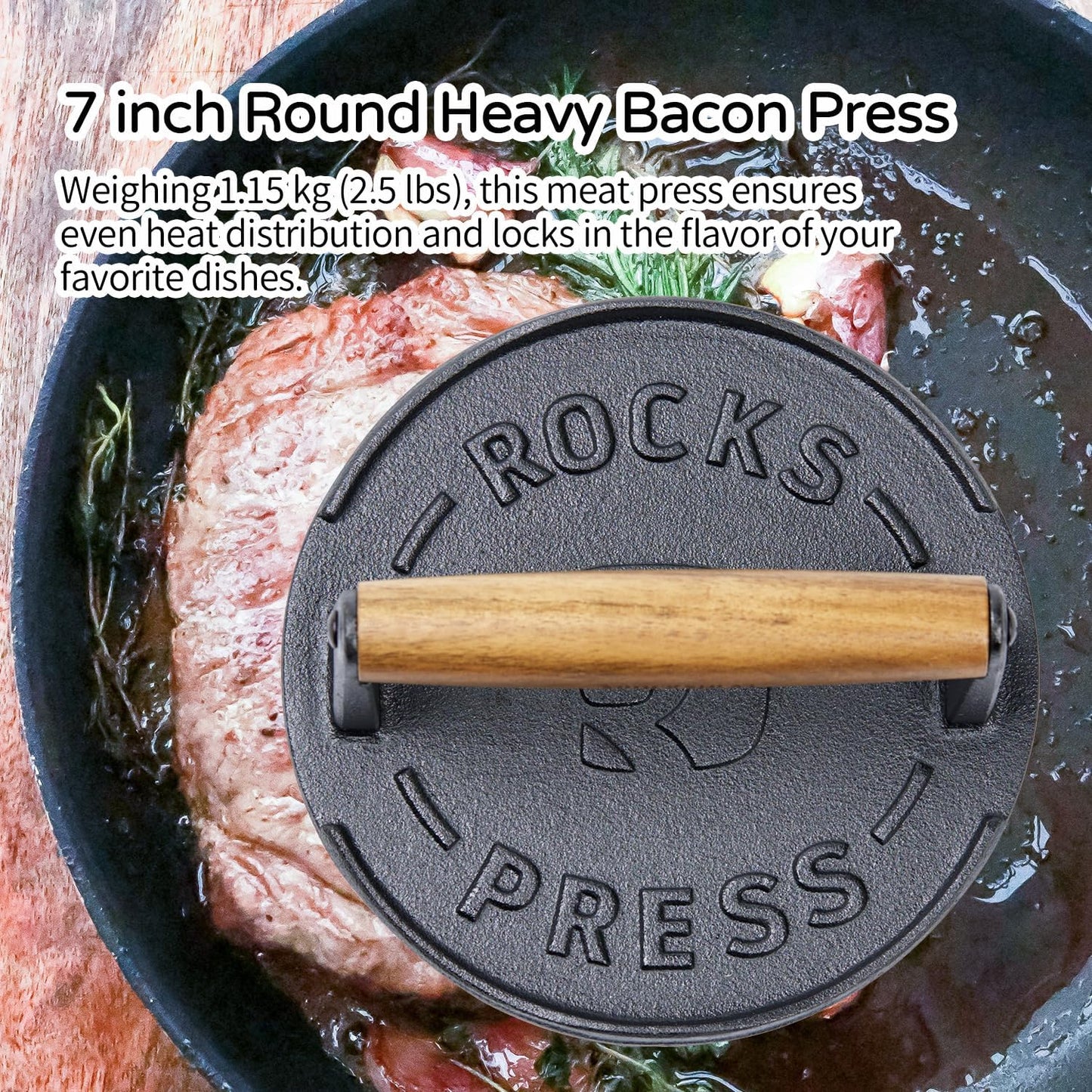 Heavy Duty 7 Inch Cast Iron Bacon Press for Smash Burgers with Wood Handle & Raised Edge - Ideal for Grilling Steak and Paninis