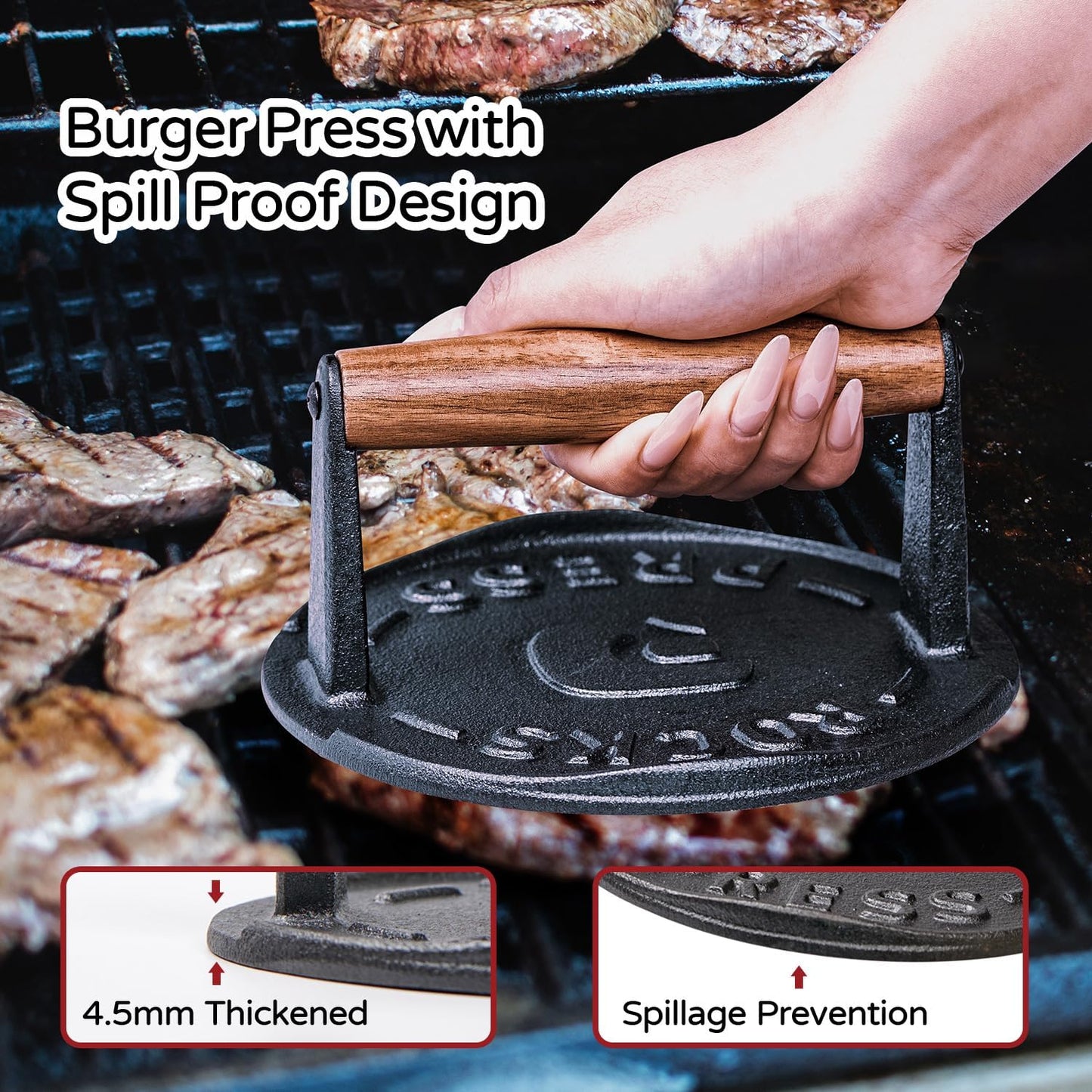 Heavy Duty 7 Inch Cast Iron Bacon Press for Smash Burgers with Wood Handle & Raised Edge - Ideal for Grilling Steak and Paninis