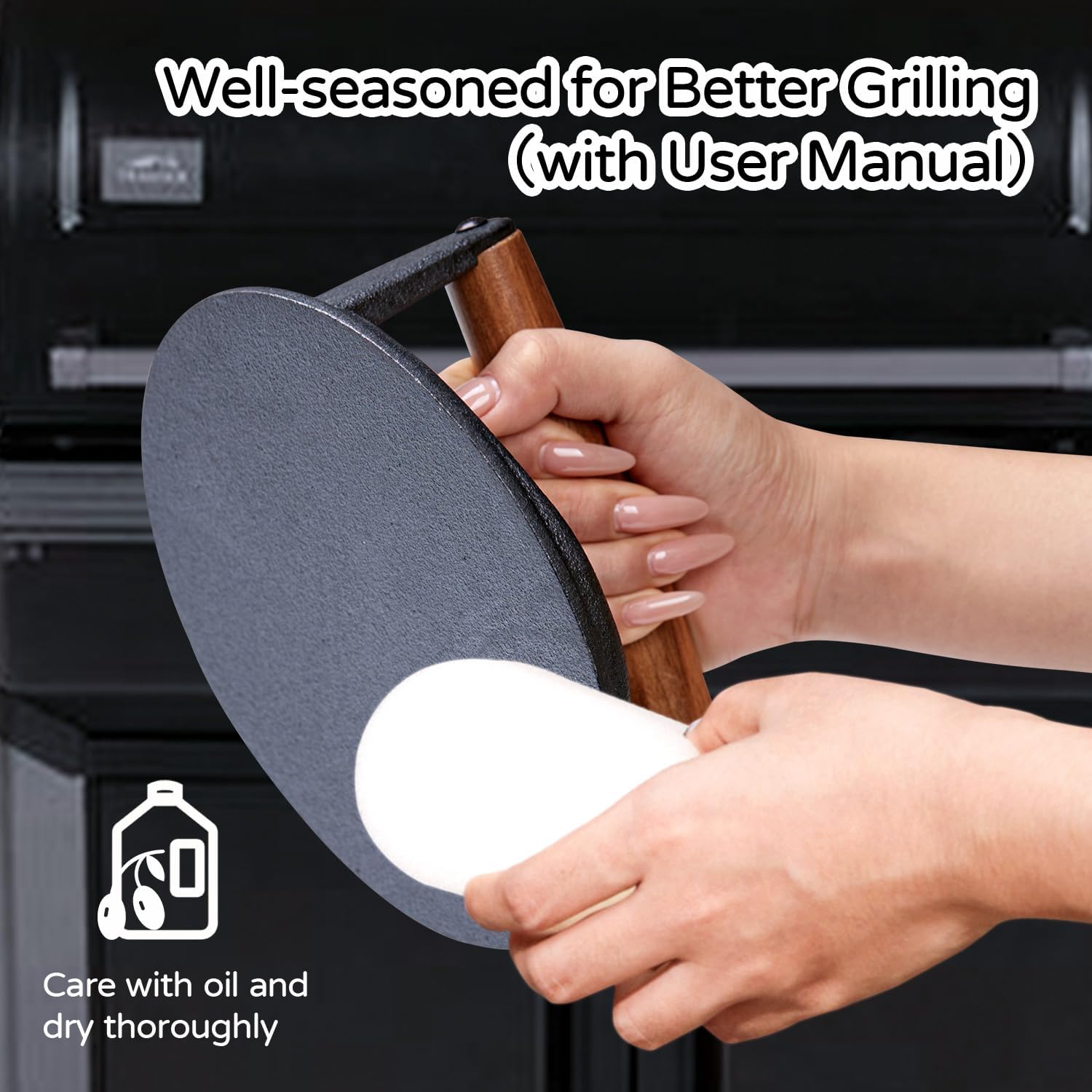 Heavy Duty 7 Inch Cast Iron Bacon Press for Smash Burgers with Wood Handle & Raised Edge - Ideal for Grilling Steak and Paninis