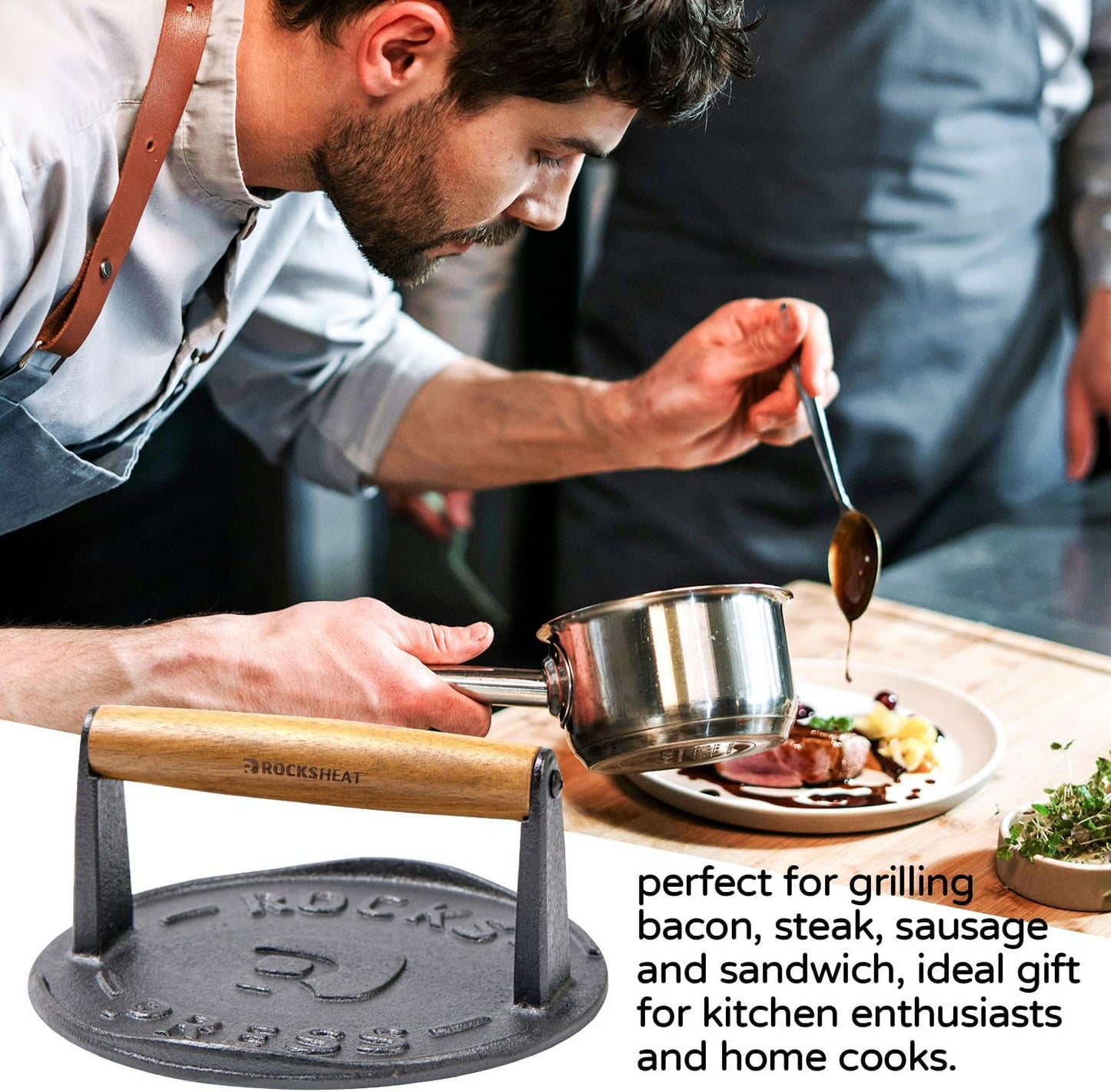 Heavy Duty 7 Inch Cast Iron Bacon Press for Smash Burgers with Wood Handle & Raised Edge - Ideal for Grilling Steak and Paninis