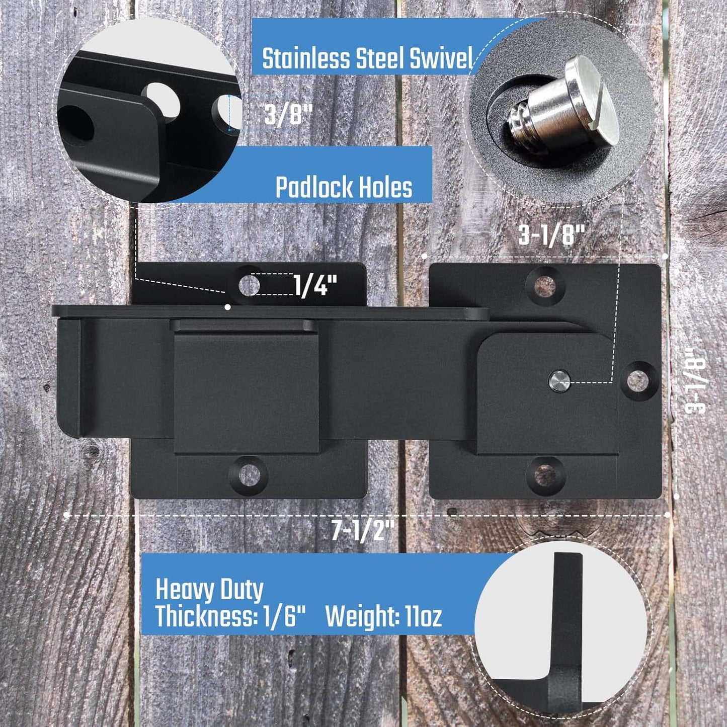 Heavy Duty 7.5" Aluminum Door Reinforcement Lock with Padlock Holes for Outdoor Security - Childproof Latch Stopper for Home, Barn, Shed, Fence