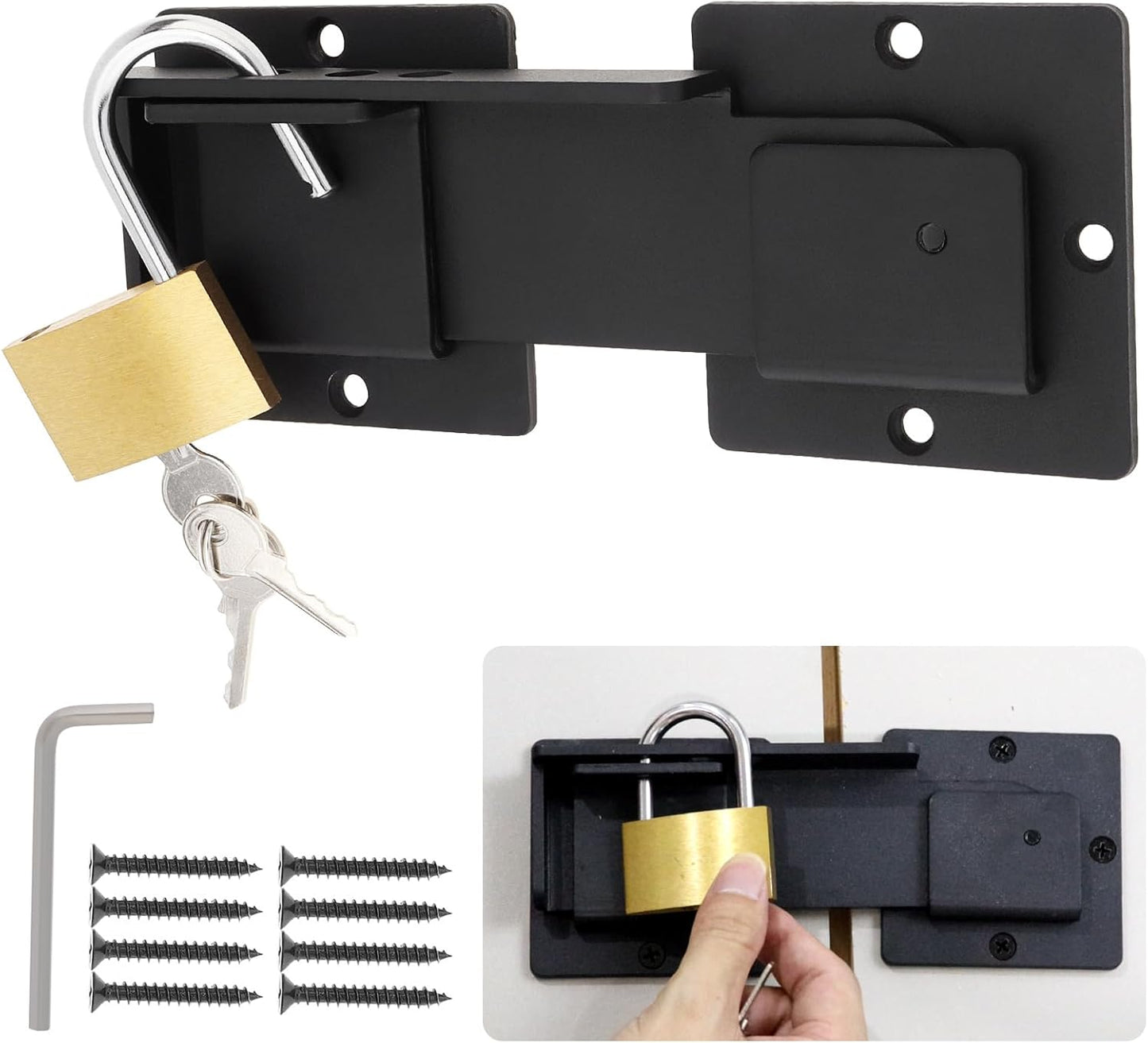 Heavy Duty 7.5" Aluminum Flip Gate Latch Lock with Brass Padlock Hole, Adjustable for Outdoor Wooden Fence, Sliding and Swing Open Doors, Barns, and Sheds