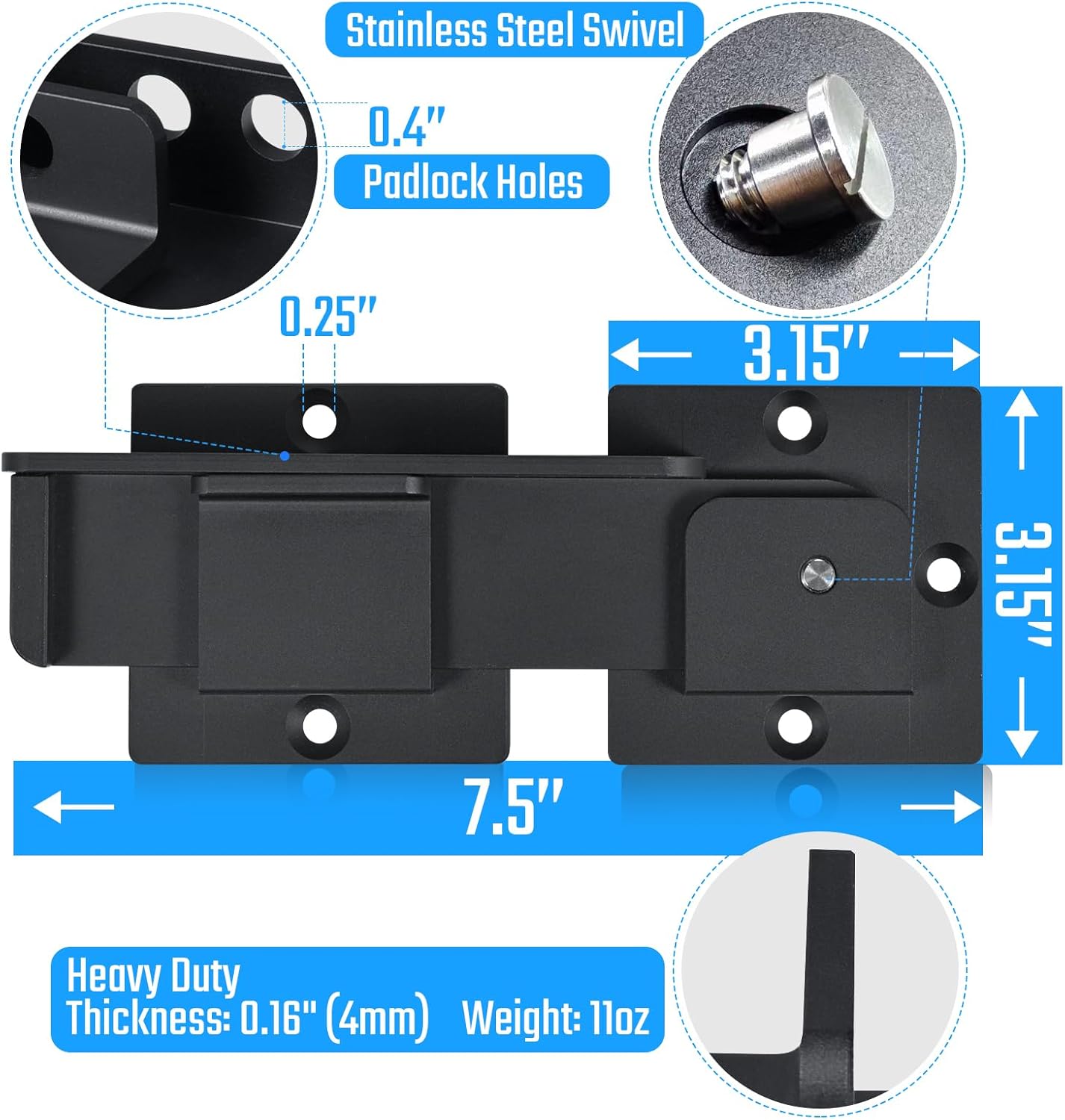 Heavy Duty 7.5" Flip Gate Latch Lock with Padlock Hole - Adjustable Aluminum Alloy Door Latch for Sliding and Swing Open Doors - Ideal for Outdoor Gates, Fences, Barns, Sheds, Garages, and Yards