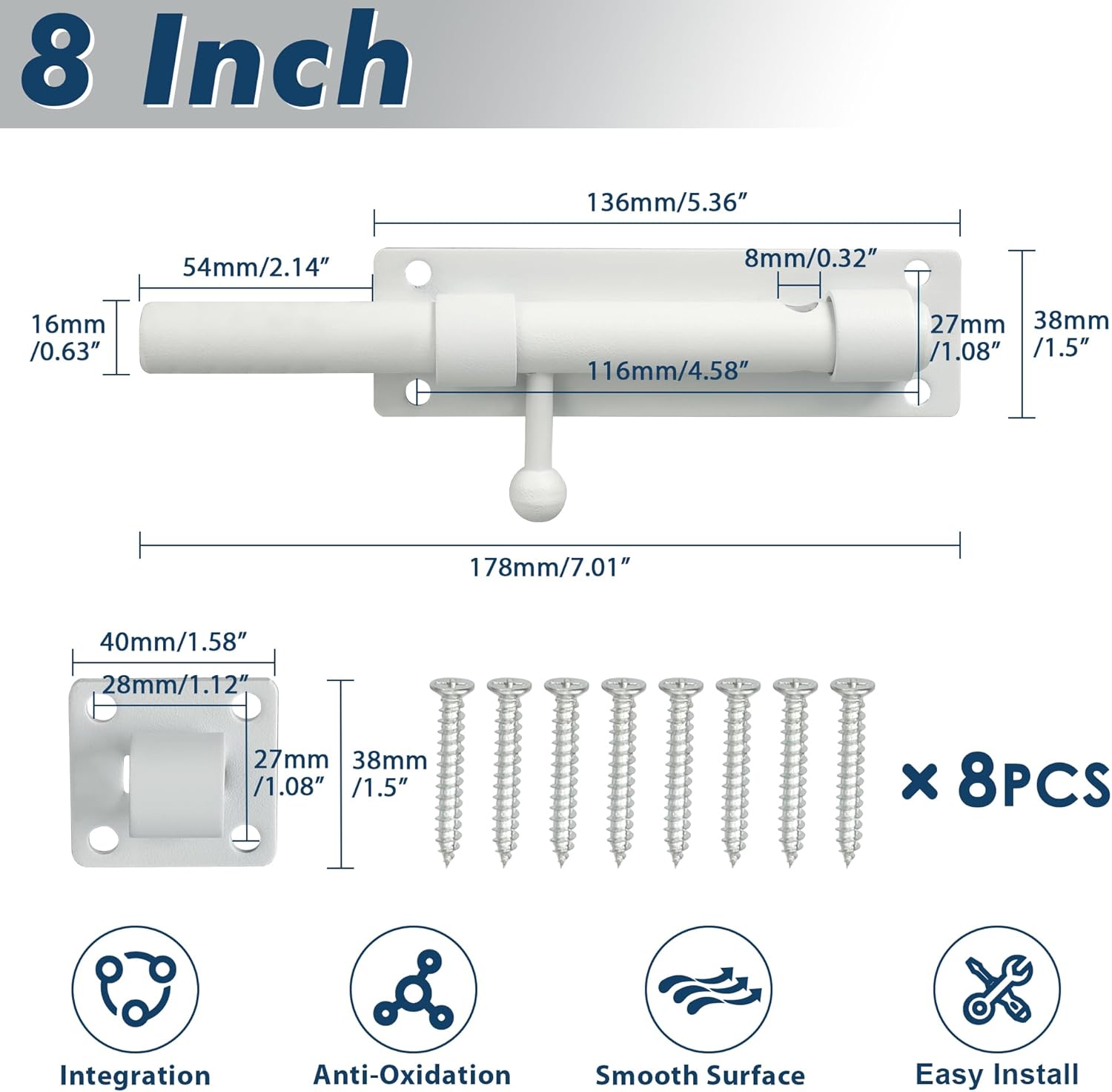 Heavy Duty 8-inch White Stainless Steel Slide Bolt Latch for Fences, Barn Doors, and Interior/Exterior Use - WildKart