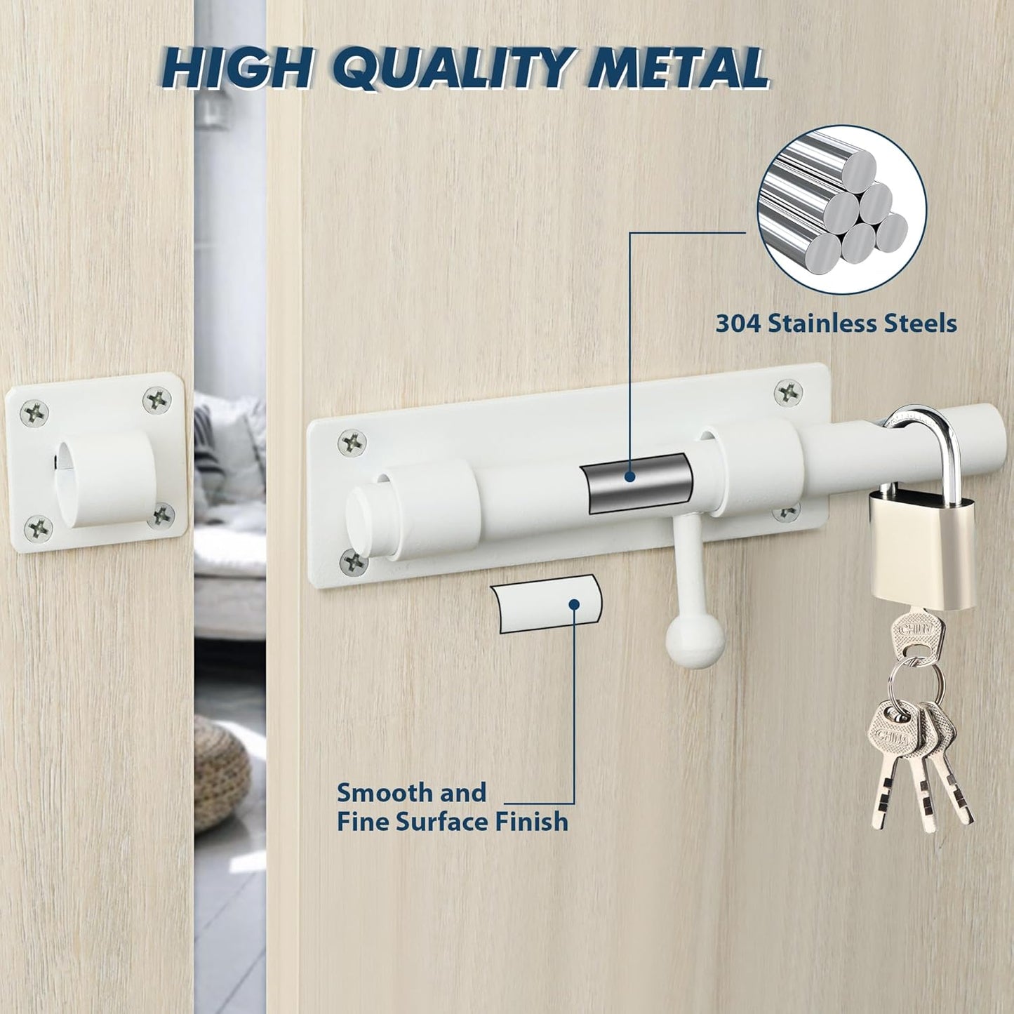Heavy Duty 8-inch White Stainless Steel Slide Bolt Latch for Fences, Barn Doors, and Interior/Exterior Use - WildKart