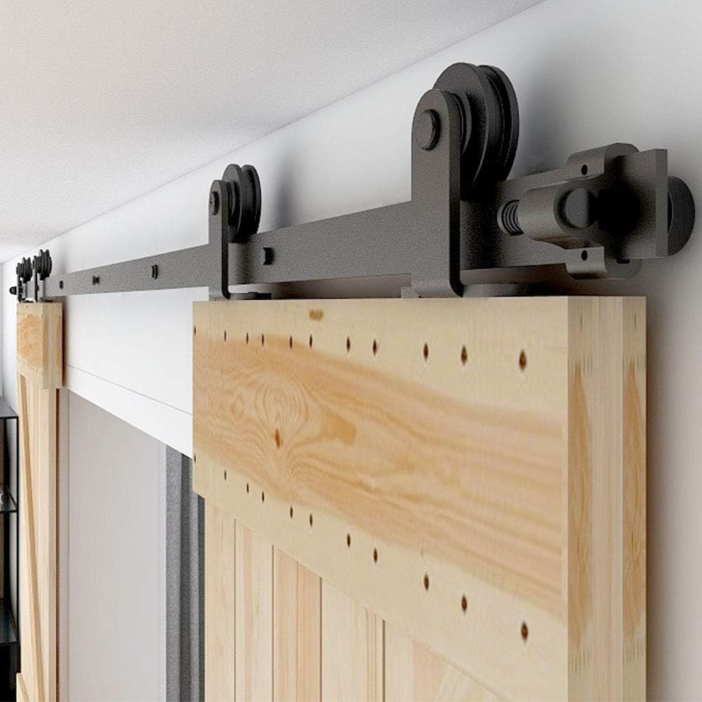 Heavy Duty 8FT Sliding Barn Door Hardware Kit, Smooth & Silent Operation, Easy Install, Fits 24" Double Door Panel, T-Shaped Style Black