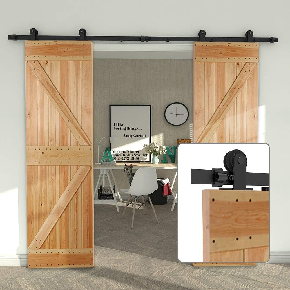 Heavy Duty 8FT Sliding Barn Door Hardware Kit, Smooth & Silent Operation, Easy Install, Fits 24" Double Door Panel, T-Shaped Style Black