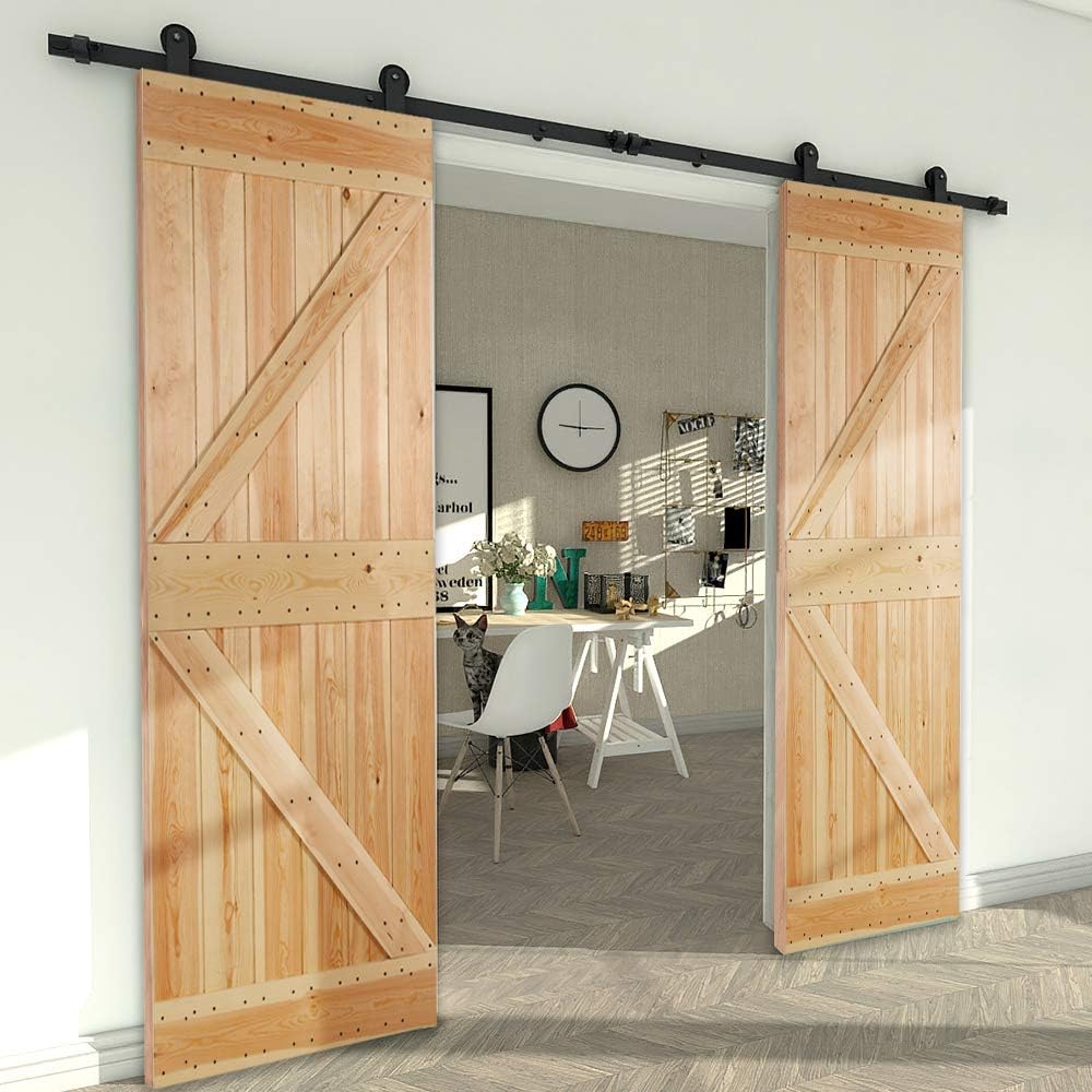 Heavy Duty 8FT Sliding Barn Door Hardware Kit, Smooth & Silent Operation, Easy Install, Fits 24" Double Door Panel, T-Shaped Style Black