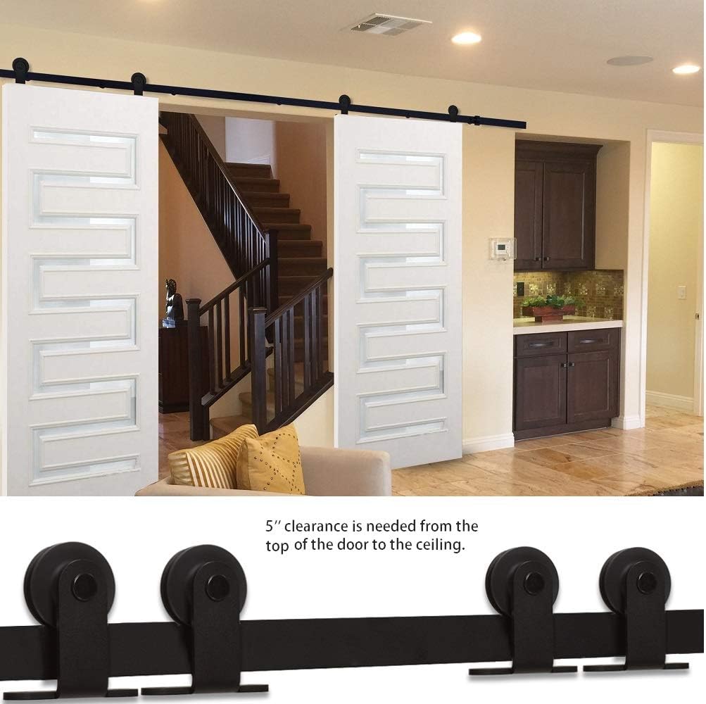 Heavy Duty 8FT Sliding Barn Door Hardware Kit, Smooth & Silent Operation, Easy Install, Fits 24" Double Door Panel, T-Shaped Style Black