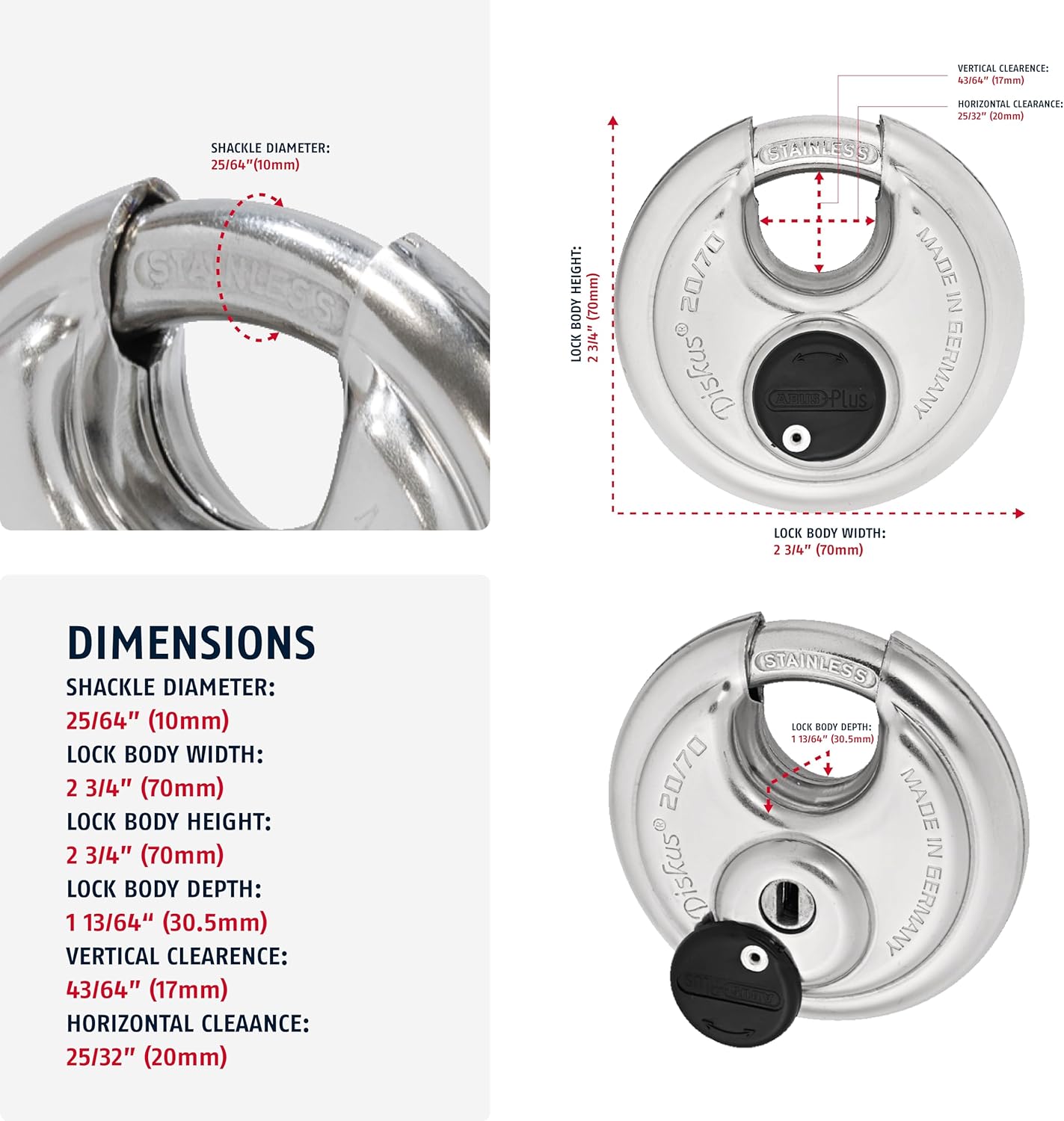 Heavy Duty ABUS Diskus 20/70 Stainless Steel Padlock with 3/8" Shackle - Rustproof Storage Lock - Made in Germany - WildKart