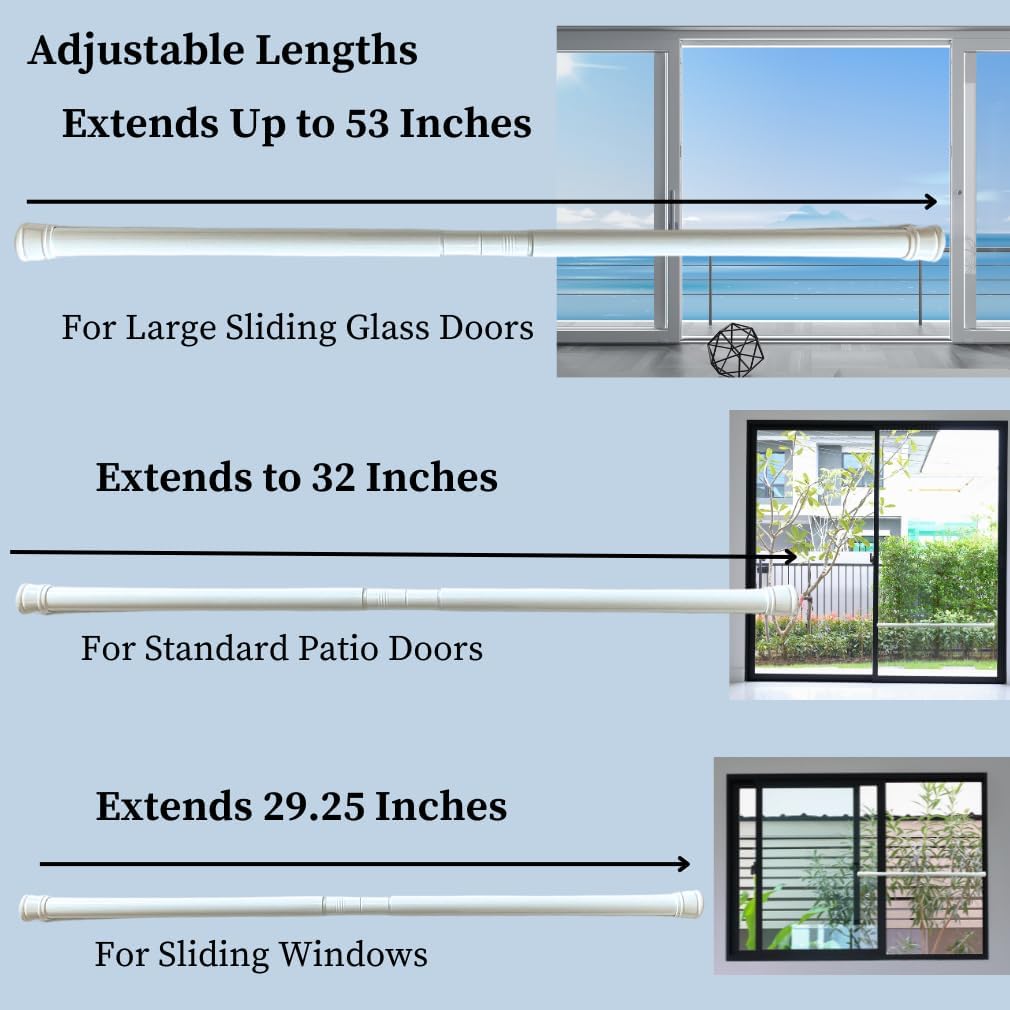 Heavy Duty Adjustable Security Bar for Sliding Glass Doors, Windows, Porches - White, 29.25-53 Inches